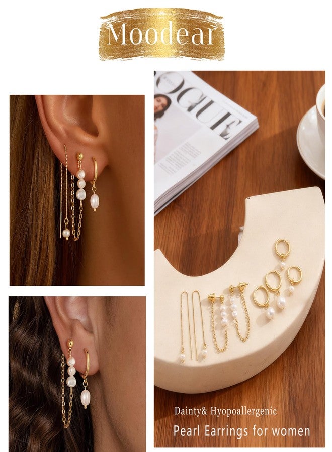 Moodear Pearl Dangle Earrings for Women - Dainty 14k Gold Plated Small Drop Hoop Chain Earring Stacks Hypoallergenic Trendy Cartilage Earring No Tarnish Jewelry - Image 3